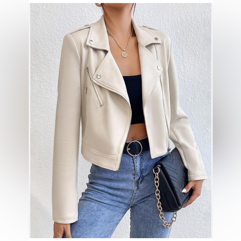 NWT Philosophy Faux Leather Suede Motto Jacket in cream